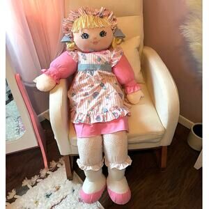 Vintage Giant Rag Doll Pink Heart Dress Yarn Hair Plush Nursery Decor